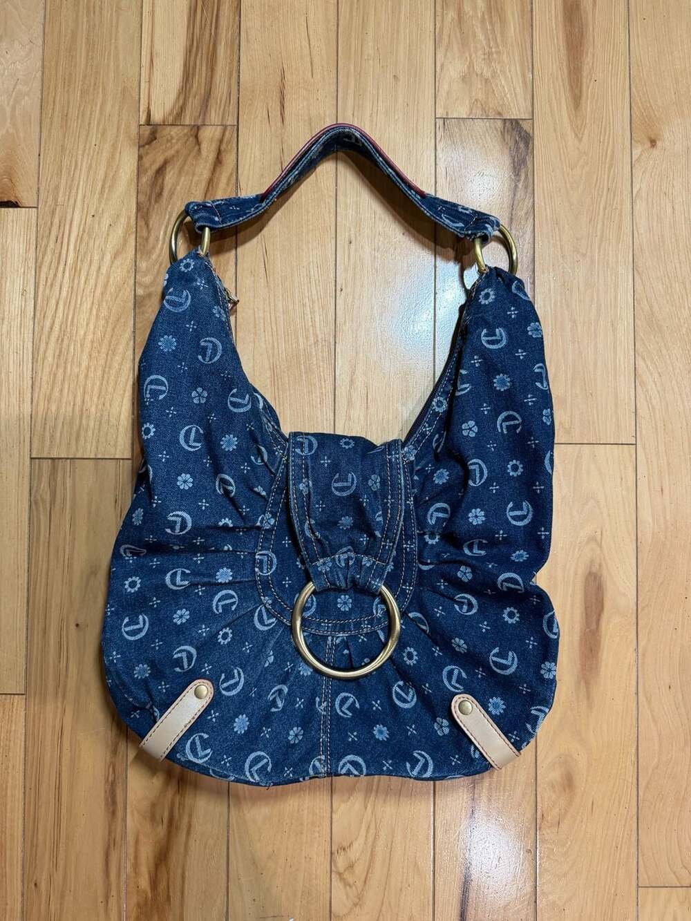 Y2K Monogram Denim Hobo Shoulder Bag with Gold-Tone Ring Hardware